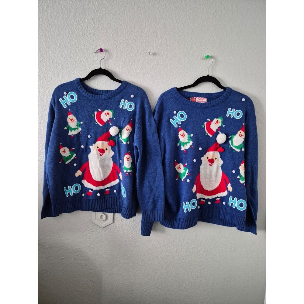 Matching Couples Ugly Christmas Sweaters Set Santa Claus Blue Unisex Sizes M XL